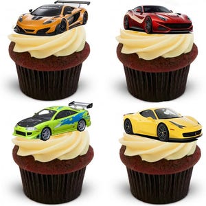 12 Stand Up Fast Cars Supercar Car themed Edible Wafer Paper Card Cake Cupcake Toppers Decorations. Fully edible wafer paper card/ink