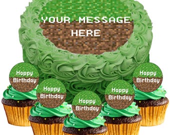 PERSONALISED 7.5" Gaming Pixelated Style Edible Icing Cake Topper & 24 PRECUT Round Pixelated Happy Birthday Edible Wafer Paper Cake Toppers