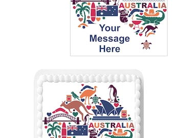 Personalised Message Australia Aussie Country 7.5inch SQUARE Edible Icing Cake Topper Decoration. Perfect larger cakes. Fully edible