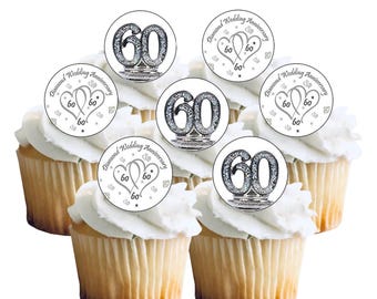 12 voorgesneden 60e diamanten huwelijksverjaardag 60 jaar thema eetbare wafelpapier cake cupcake toppers decoraties - eetbare wafelpapier en inkt