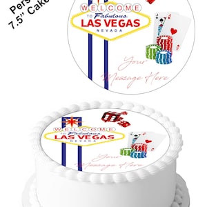 Adorno para tarta de glaseado comestible personalizado con forma de casino de Las Vegas de 7,5 pulgadas. Personaliza tu tarta a tu manera. Perfecto para tartas más grandes.