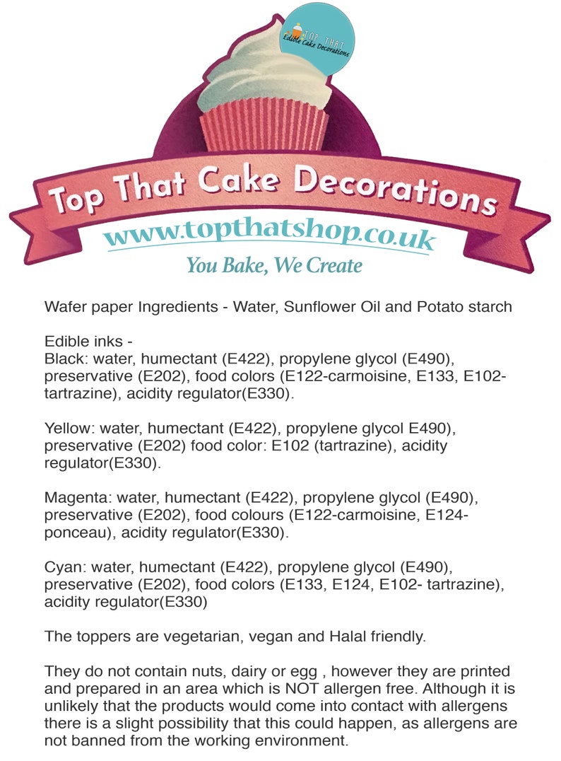 May include: A promotional banner for "Top That Cake Decorations" featuring a cupcake illustration. The text includes the website address and the slogan "You Bake, We Create." The image also lists the ingredients for edible inks and wafer paper.