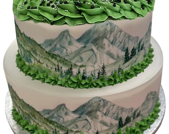 Watercolour Mountain Hiking Border Ribbon Icing Cake Decoration Topper. Perfect for larger cakes. Wrap around an iced cake. Easy to use.