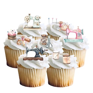 May include: A collection of cupcakes with white frosting, each decorated with sewing-themed illustrations. The toppers include vintage sewing machines, spools of thread, scissors, and pin cushions, all in a watercolor style.