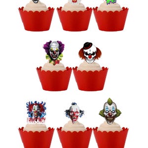 30 rostos de palhaço assustadores e malignos de Halloween, toppers de cupcake comestíveis em papel de wafer. Papel de wafer totalmente comestível / tintas comestíveis.