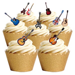 28 Stand Up & PRECUT Akoestische gitaar Muziekinstrument Eetbaar Wafeltje Papieren Kaart Taart Cupcake Toppers Decoraties. Klaar voor gebruik - Volledig eetbaar