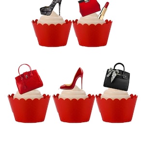 May include: An image of cupcakes with various fashion accessories on top. The cupcakes are in red paper cups and topped with white frosting. Accessories include a black lace high heel, a red handbag, a tube of lipstick, a red handbag, a red high heel, and a black handbag.