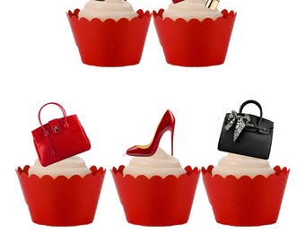 20 Stand Up Red and Black Handbag Shoes Fashion Girl Edible Wafer Paper Card Cake Cupcake Toppers Decorations. Fully edible wafer paper