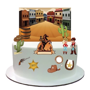 Topper per decorazione di scena per torta in carta wafer commestibile in stile western con cowboy e cowgirl. Perfetto per torte più grandi. Scena di topper per torta in piedi