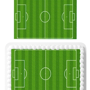 May include: A4 size rectangular edible cake topper featuring a green football pitch with white lines and markings. The topper is designed to be placed on top of a cake.