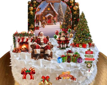 Christmas Santa's Grotto Edible Stand Up Wafer Paper Cake Scene Decoration Topper. Perfect for larger cakes. Stand Up Cake topper scene.
