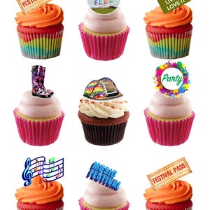 24 decorazioni per cupcake e torte in carta ostia commestibile a tema Stand Up Summer Music Festival. Carta ostia completamente commestibile e inchiostri commestibili.