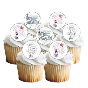 24 Precut Silver Wedding Anniversary 25 Years Themed Edible Wafer Paper Cake Cupcake Toppers Decorations. Edible wafer paper/ink - precut