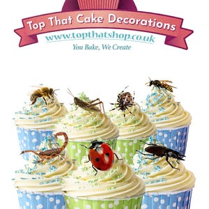 Può includere: Cupcake con glassa bianca e decorazioni a insetti, tra cui un'ape, una cavalletta, un ragno, una vespa, uno scorpione, una coccinella e uno scarabeo. I pirottini sono blu e verdi a pois bianchi. Include il testo "Top That Cake Decorations".