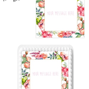 Gepersonaliseerd bericht bloemontwerp VIERKANTE eetbare glazuur taarttopper decoratie 7,5 inch. Perfect voor grotere taarten. Jouw gepersonaliseerde tekst.