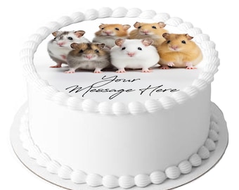 Personalised Cute Hamsters 7.5inch Circle Edible Icing Cake Decoration Topper. Personalised message. Perfect larger cakes.