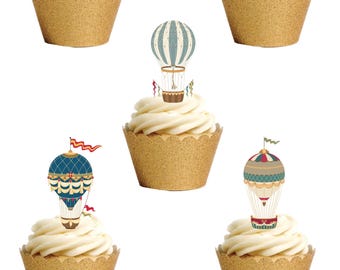 12 Stand Up Vintage Style Hot Air Balloons Themed Edible Wafer Paper Card Cake Cupcake Toppers Decorations. Fully edible wafer paper