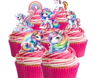 30 Stand Up Cute Rainbow Unicorn Fairytale Edible Wafer Paper Card Cake Cupcake Toppers Decorations. Fully edible wafer paper/card