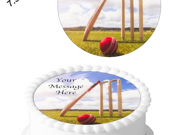 Personalised Cricket Sport 7.5inch Circle Edible Icing Cake Topper Decoration - Personalise Your Cake. Perfect for larger cakes.