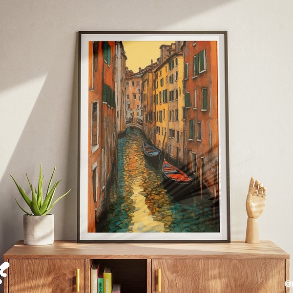 Venetian Canal Watercolor Art, Vibrant Italian Cityscape Digital Print, Romantic Venice Boat Scene Wall Decor