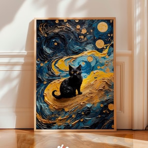 Van Gogh STARRY NIGHT Black Cat ART, Pet Animal & Starry Moon Painting Print Wall Art Poster for Indoor Decor