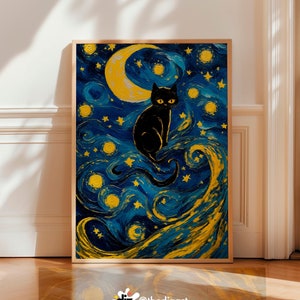 Sternenklare Nacht Katzen Kunst - Schwarze Katze unter Van Gogh Himmel, wunderliche druckbare Wanddekoration