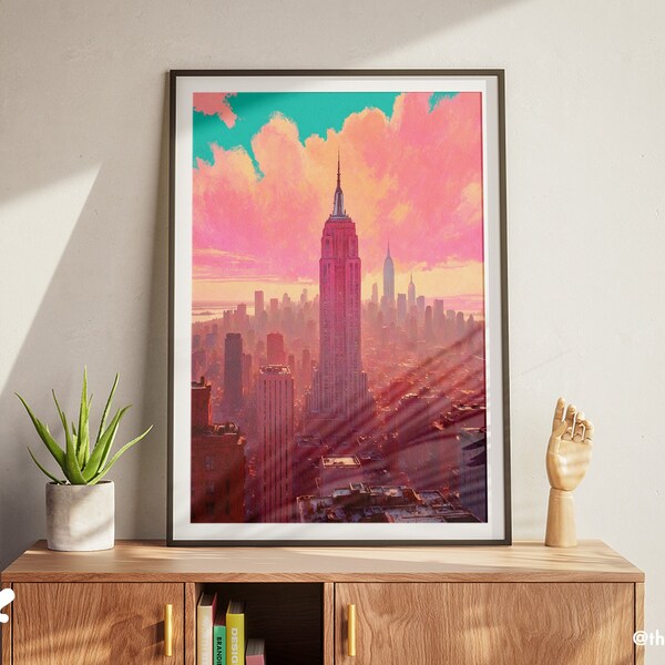 Boho Watercolor Empire State Building, Manhattan Skyline Sunset Art Print, Chic New York Wall Decor