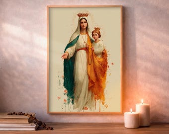 Our Lady of the Rosary Print, Catholic Watercolor Devotional Wall Art (Digital Download)