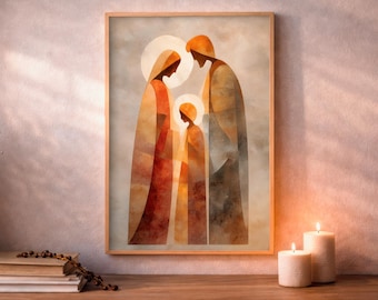 Holy Family, Catholic Living Room Decor, Watercolor Art, Digital Download