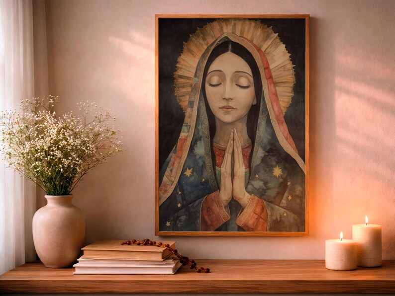 Our Lady of Guadalupe Watercolor Art, Marian Devotional Wall Art, Classic Religious, Digital Download image 9