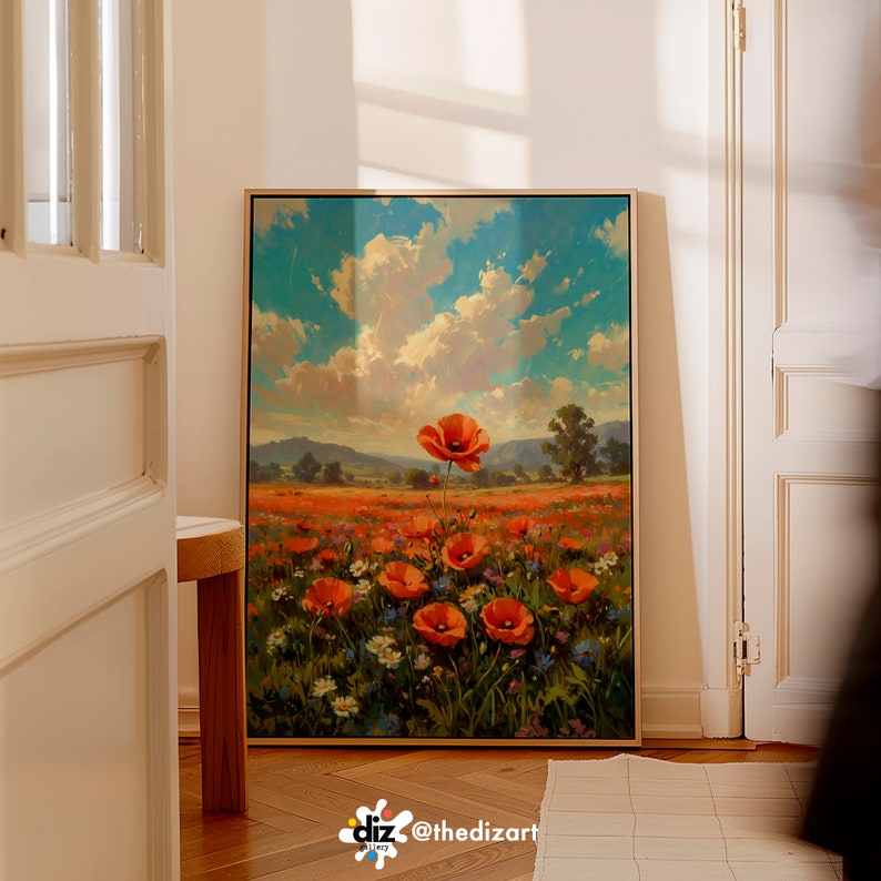 Poppy Landscape Art Print - Red Poppy Wall Art, Botanical Wall Art ...