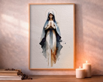 Our Lady of Lourdes, Catholic Prayer Room Decor, Watercolor Art, Digital Download