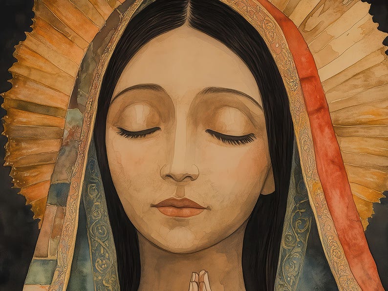 Our Lady of Guadalupe Watercolor Art, Marian Devotional Wall Art, Classic Religious, Digital Download image 2