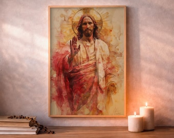 Divine Mercy Jesus Print, Catholic Devotional Wall Art, Watercolor Christian Art, Digital Download