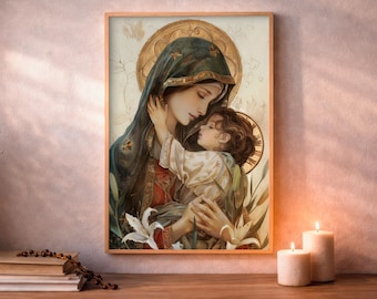 Mary Mother of God, Catholic Prayer Room Decor, Classic Religious, Digital Download