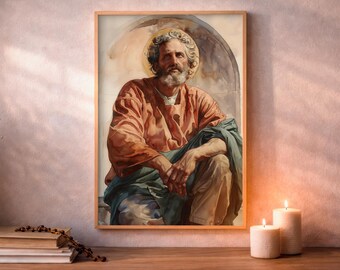 Saint Joseph, Catholic Living Room Decor, Watercolor Art, Digital Download