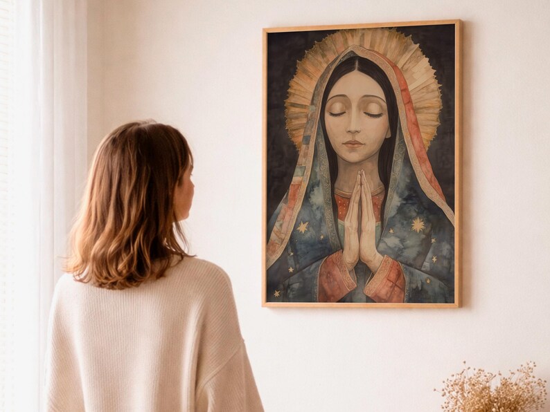 Our Lady of Guadalupe Watercolor Art, Marian Devotional Wall Art, Classic Religious, Digital Download image 4