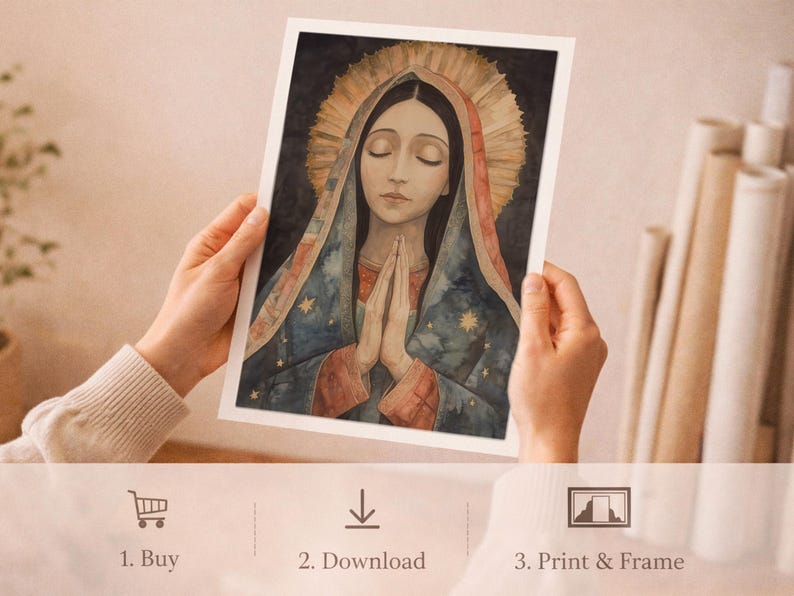 Our Lady of Guadalupe Watercolor Art, Marian Devotional Wall Art, Classic Religious, Digital Download image 5