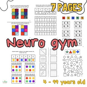 Puede incluir: Una hoja de trabajo imprimible con 7 páginas de ejercicios de neuro gym para edades de 4 a 99 años. Los ejercicios incluyen hacer coincidir formas con números, conectar círculos con líneas y encontrar patrones.