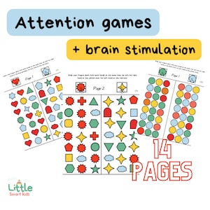 May include: A set of 14 printable worksheets for kids to practice their attention skills. The worksheets feature colorful shapes and patterns, with instructions to find matching items. The title of the worksheets is "Attention games + brain stimulation".