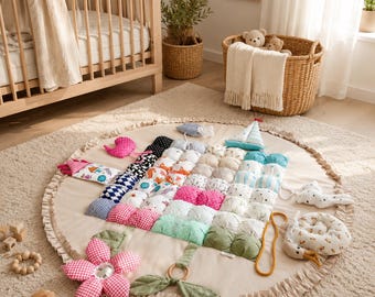 Handmade Cotton Baby Play Mat with 8 Sensory Activities for Tummy Time