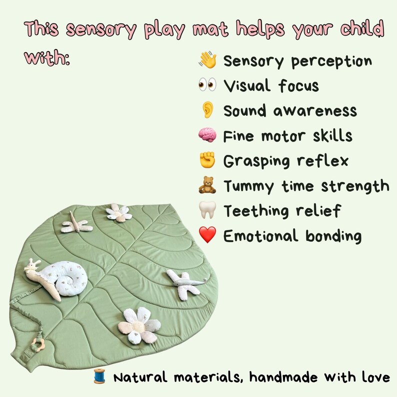 May include: A green leaf-shaped sensory play mat with attached toys, including a snail, flowers, and dragonflies. The mat is made of natural materials and is handmade. Text on the image lists benefits such as sensory perception and fine motor skills.