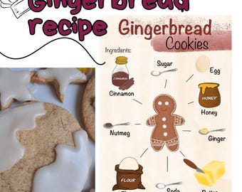 Gingerbread recipe, PNG and PDF files, gingerbread glaze recipe, illustrated recipe, print recipe, print baking, instant download