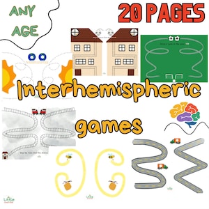 Może przedstawiać: Zestaw 20 drukowanych gier interhemisferycznych dla dzieci w każdym wieku. Gry zawierają różnorodne aktywności, w tym labirynty, łączenie kropek i ćwiczenia rysunkowe. Gry mają na celu pomóc dzieciom w rozwijaniu umiejętności motorycznych, koordynacji wzrokowo-ruchowej i umiejętności rozwiązywania problemów.