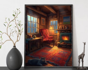 May include: A framed digital art print depicts a cozy cabin interior. A red armchair is draped with a matching blanket, and a rug sits on the wooden floor. A fireplace glows, and a gray cat lounges on the floor. The scene is illuminated by sunlight.