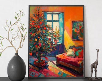 May include: A framed painting of a colorful interior scene. A decorated Christmas tree is in the foreground, with a red sofa, window, and artwork in the background. The painting has vibrant colors and a warm, inviting atmosphere.