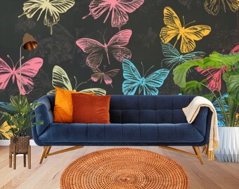 Papier peint motif papillon coloré, papier peint vintage, décoration murale motif moderne, décoration murale auto-adhésive