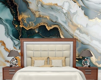 Pastell-Cyan-Mint-Marmor gemusterte Tapete, Vintage Tapete, Wanddekor mit Kräutermuster, selbstklebendes Wandbild