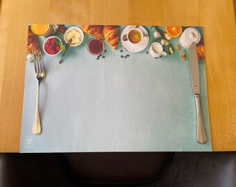 Papieren placemats Ontbijt - 50 stuks - 42 x 29,7 cm - Croissant, Koffie, Tafelversiering