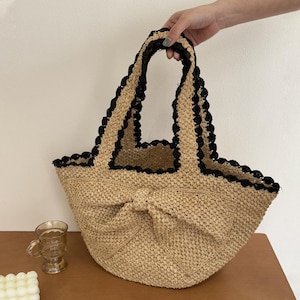 Raffia Tote Bag, Bow Straw Woven Tote Bag, Large Shoulder Bag, Vacation Beach Tote Bag